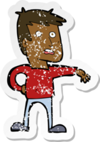 retro distressed sticker of a cartoon man making camp gesture png