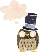 cartoon owl wearing top hat with thought bubble in grunge distressed retro textured style png