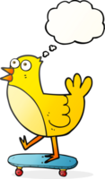 hand- getrokken gedachte bubbel tekenfilm vogel Aan skateboard png