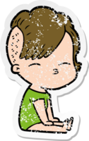 distressed sticker of a cartoon squinting girl png