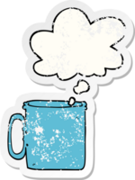 dibujos animados cámping taza de café con pensamiento burbuja como un afligido desgastado pegatina png