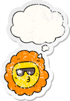 cartoon sunflower with thought bubble as a distressed worn sticker png