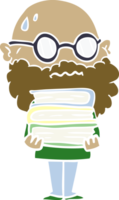 flat color style cartoon worried man with beard and stack of books png
