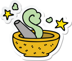 sticker of a quirky hand drawn cartoon magic pestle and mortar png