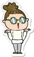 distressed sticker of a cartoon shrugging woman wearing spectacles png