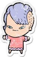 distressed sticker of a cute cartoon girl with hipster haircut png