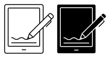 lineal icono. electrónico bolígrafo digitalmente señales tableta pantalla. utilizando digital firmas para electrónico documentos. sencillo negro y blanco aislado en blanco antecedentes vector