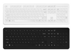 Realistic white and black wireless personal computer keyboard. English letters and symbols on keyboard buttons. Isolated on white background vector