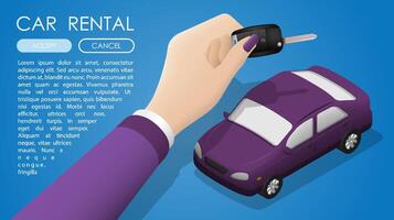 Business concept. Female hand holds client key of car of rental salon. Car rental and purchase at auto dealership. Realistic vector