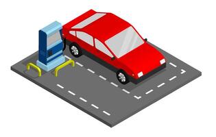 isométrica ilustración. rojo pasajero coche repostaje a gas estación. utilizar de minerales como combustible. dibujos animados 3d aislado en blanco antecedentes vector