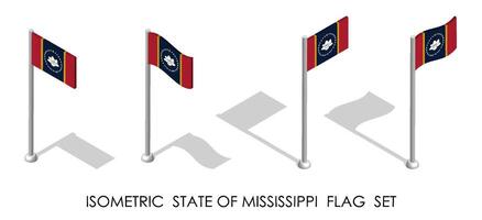 isometric flag of american state of Mississippi in static position and in motion on flagpole. 3d vector