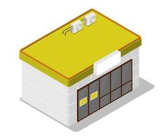 Isometric building of small grocery store. Shop at gas station. Realistic 3d isolated on white background vector