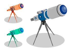 Telescope on tripod for observing space, stars and planets of solar system. Space exploration. Cartoon isolated on white background vector