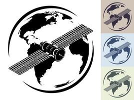 monocromo esquemático satélite mosca orbital planeta tierra y transmitir comunicación señal. satélite emblema comunicación y GPS navegación. vector