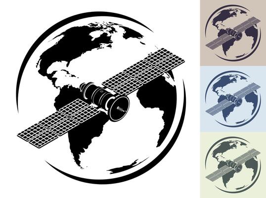 Monochrome schematic Satellite fly orbiting planet earth and transmit communication signal. Satellite Emblem communication and GPS navigation.