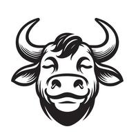 vaca clipart - un sereno sonrisa toro cara ilustración en negro y blanco vector