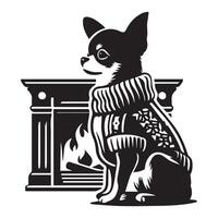 illustration of a Chihuahua in Sweater by Fireplace in black and white vector