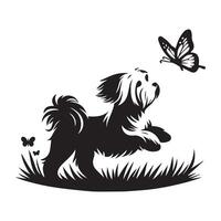 Maltese Chasing a Butterfly in a Field illustration in black and white vector