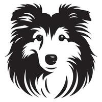 Shetland perro pastor - un pensativo sheltie perro cara ilustración en negro y blanco vector