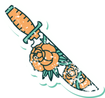 iconic distressed sticker tattoo style image of a dagger and flowers png