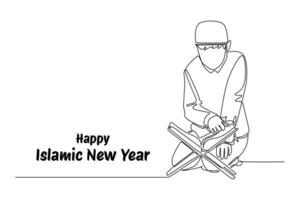 One continuous line drawing of Happy Islamic new Year concept. Doodle illustration in simple linear style. vector