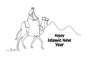 One continuous line drawing of Happy Islamic new Year concept. Doodle illustration in simple linear style. vector