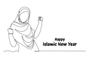 One continuous line drawing of Happy Islamic new Year concept. Doodle illustration in simple linear style. vector