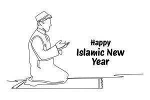 One continuous line drawing of Happy Islamic new Year concept. Doodle illustration in simple linear style. vector