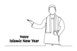 One continuous line drawing of Happy Islamic new Year concept. Doodle illustration in simple linear style. vector