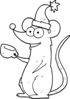 hand drawn black and white cartoon mouse wearing christmas hat png