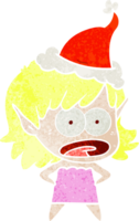 main tiré rétro dessin animé de une sous le choc elfe fille portant Père Noël chapeau png