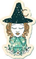 grunge sticker of a human witch with natural twenty dice roll png