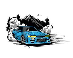 azul coche en fumar con montaña antecedentes vector