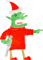 hand drawn retro cartoon of a goblin with knife wearing santa hat png