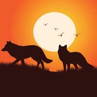 wolves silhouette and sunset illustration vector