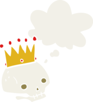 cartoon skull with crown with thought bubble in retro style png