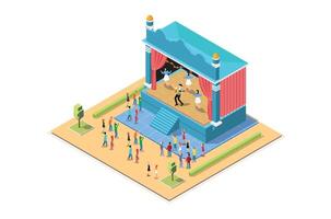 isométrica ilustración de música evento etapa con bailando y contento personas disfrutando música, isométrica 3d concepto de concierto fiesta y etapa paisaje. vector