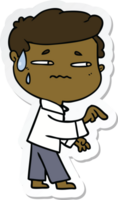 sticker of a cartoon anxious man pointing png