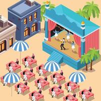 Isometric 3d concept illustration of enjoying jazz music performance on Music Event stage with dancing and happy people enjoying music vector