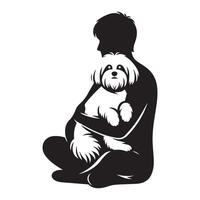 Affectionate Maltese Snuggled with Family illustration in black and white vector