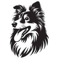 Shetland perro pastor - un juguetón sheltie perro cara ilustración en negro y blanco vector