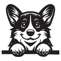 Dog Peeking - Pembroke Welsh Corgi Dog Peeking face illustration in black and white vector