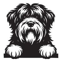 illustration of a Old English Sheepdog Dog Peeking face in black and white vector