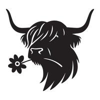 The silhouette of a Highland Cow with a flower in its mouth vector