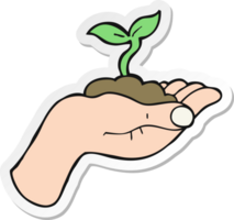 sticker of a cartoon seedling growing held in hand png