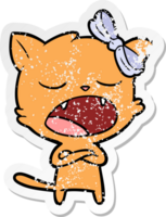 distressed sticker of a cartoon yawning cat png