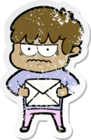 distressed sticker of a annoyed cartoon boy png