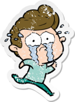 distressed sticker of a cartoon crying man running png