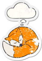 cartoon sleeping fox with thought bubble as a distressed worn sticker png