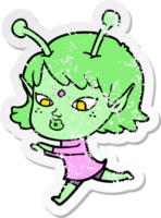 distressed sticker of a pretty cartoon alien girl png